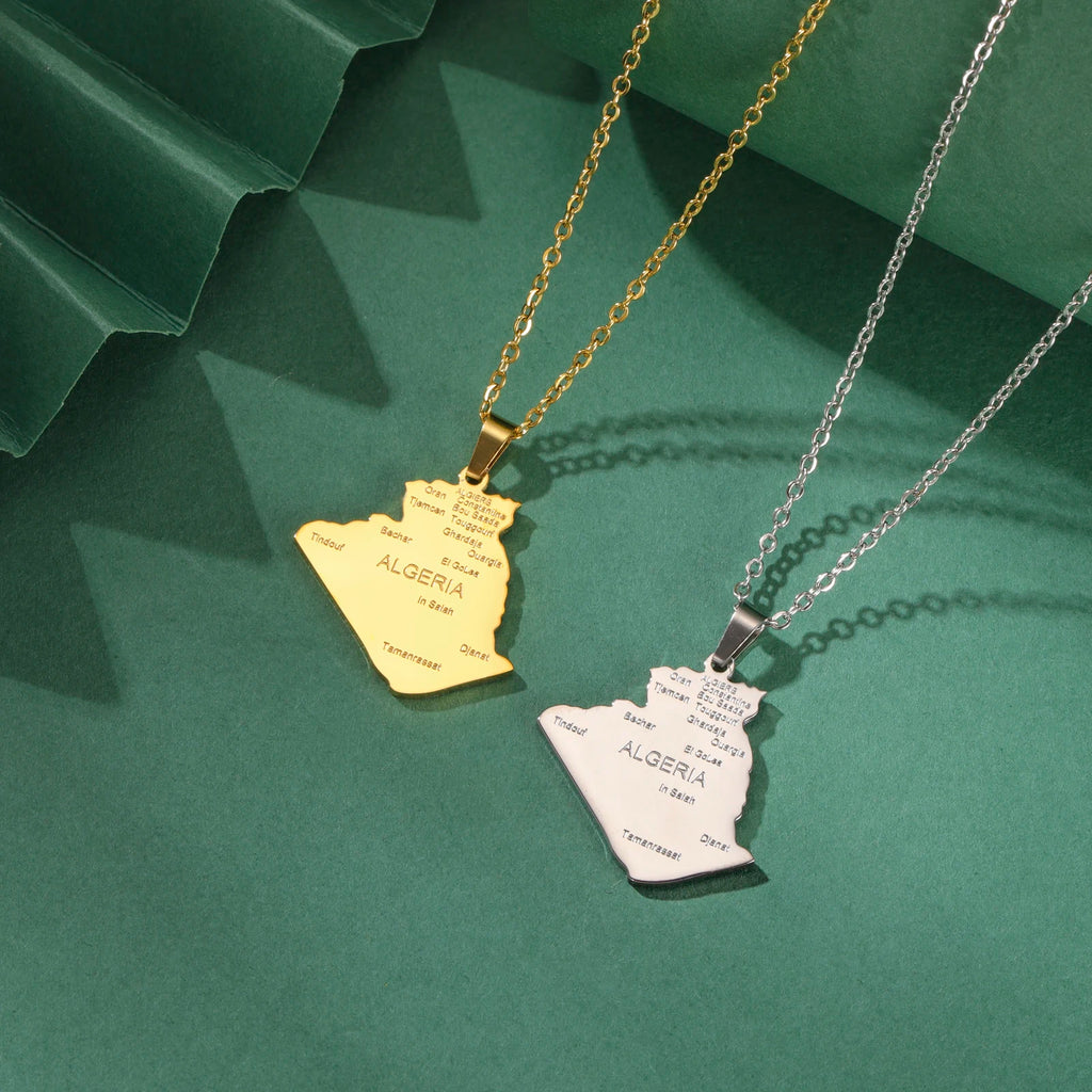 Collier pendentif carte d'Algérie en acier inoxydable doré