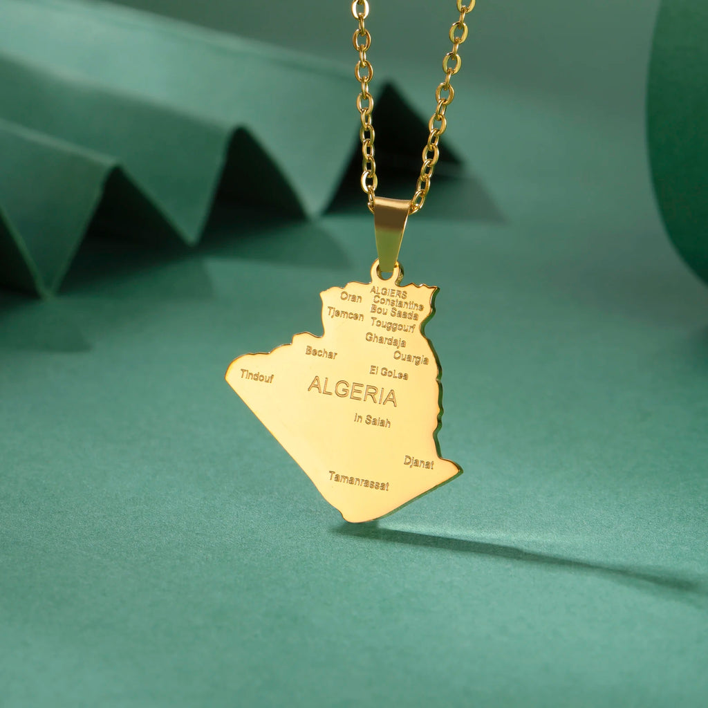 Collier pendentif carte d'Algérie en acier inoxydable doré
