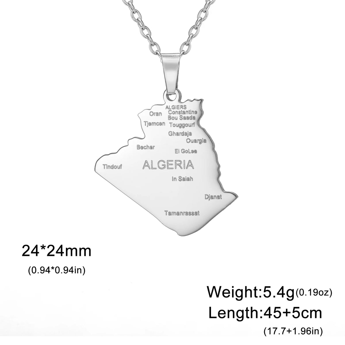 Collier pendentif carte d'Algérie en acier inoxydable doré
