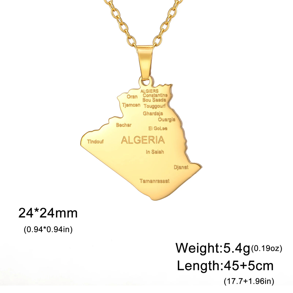Collier pendentif carte d'Algérie en acier inoxydable doré