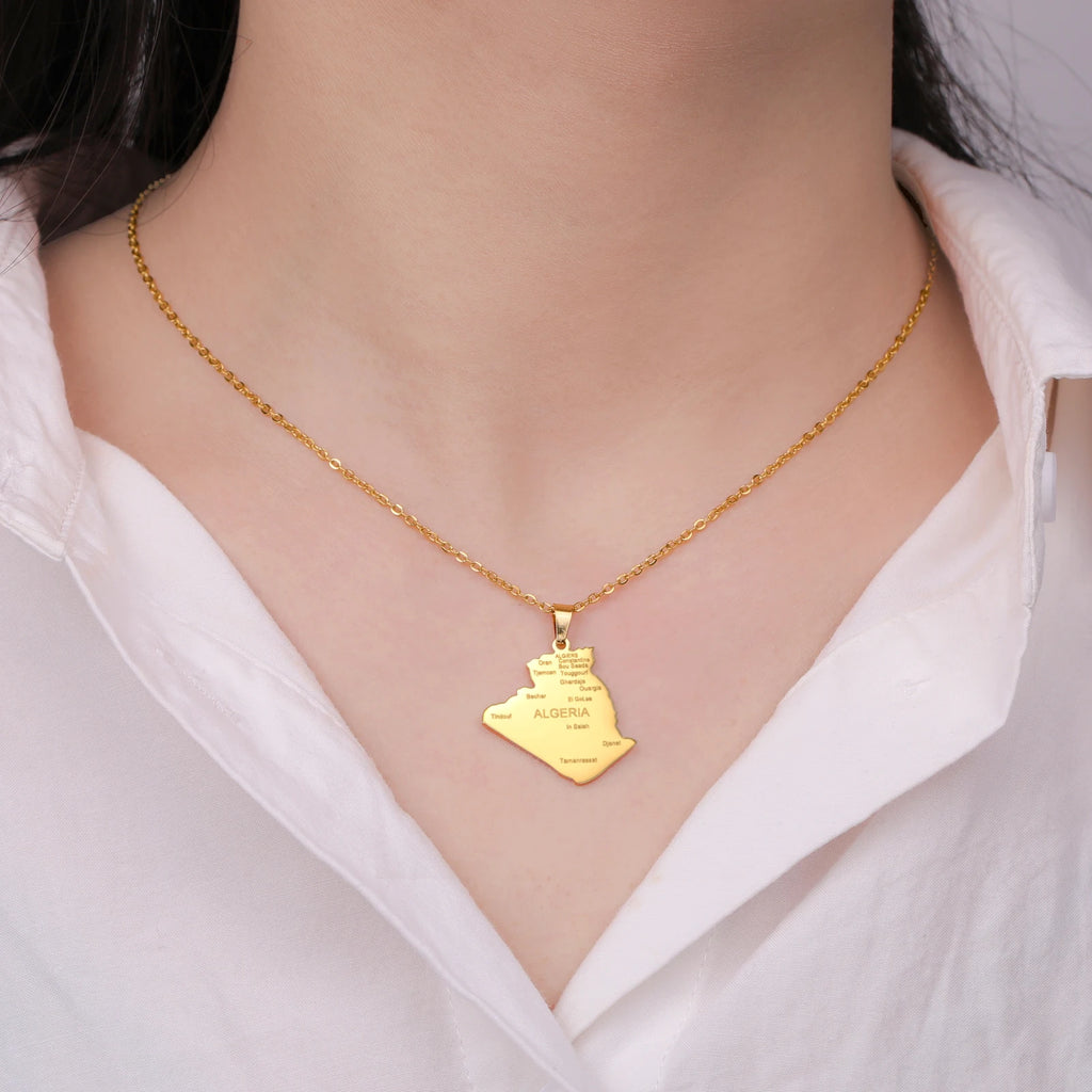 Collier pendentif carte d'Algérie en acier inoxydable doré